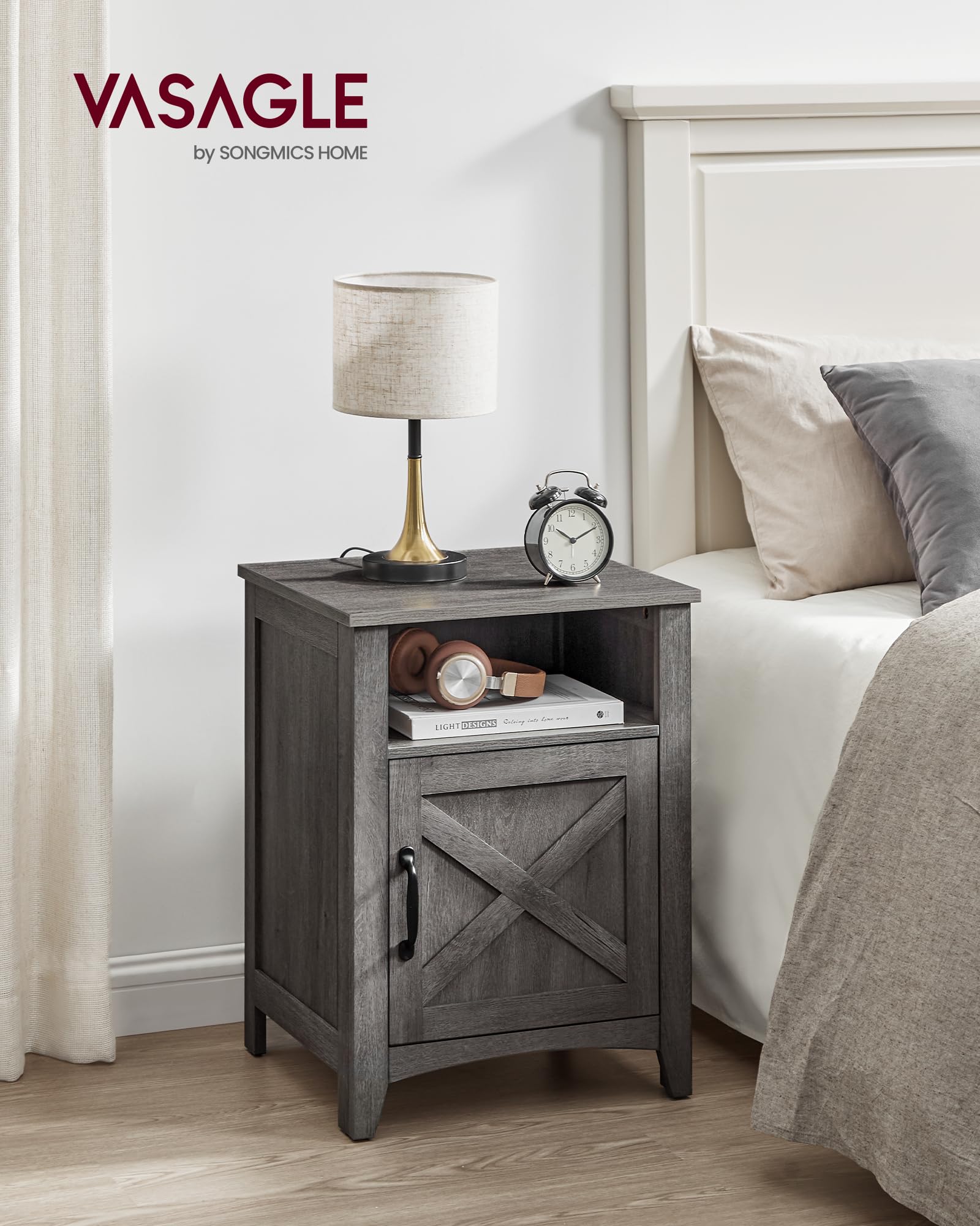 Vasagle Farmhouse Nightstand With Barn Door, Set Of 2, Bedside Table With Storage, Side End Table, Night Stand With Open Compartment, For Bedroom, Misty Gray Ulet809G68